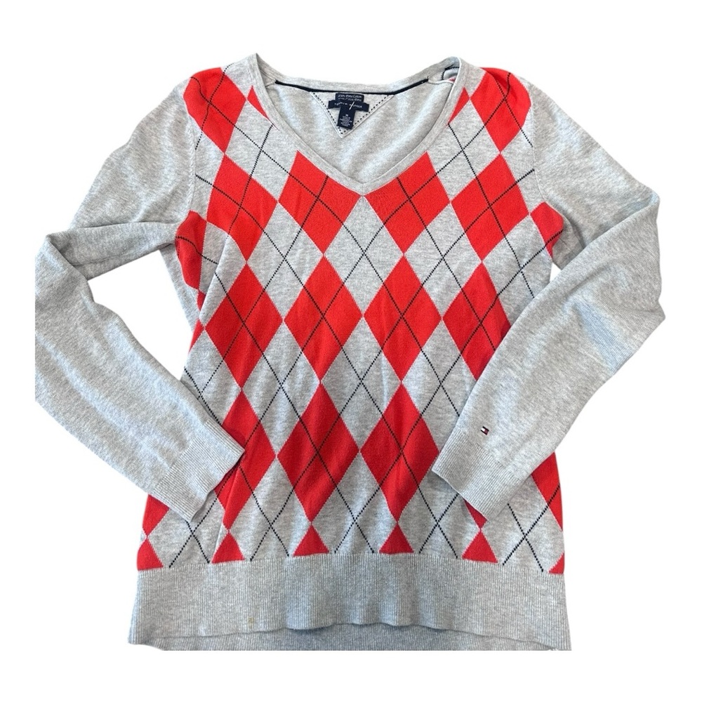 💙‎ VINTAGE TOMMY HILFIGER Womens GOLF STYLE CLASSIC ARGYLE V-NECK SWEATER